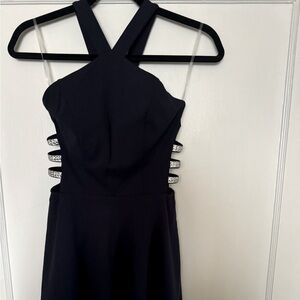 Halter navy blue fit and flare semiformal 
Mini dress 
Cutouts & Rhinestones